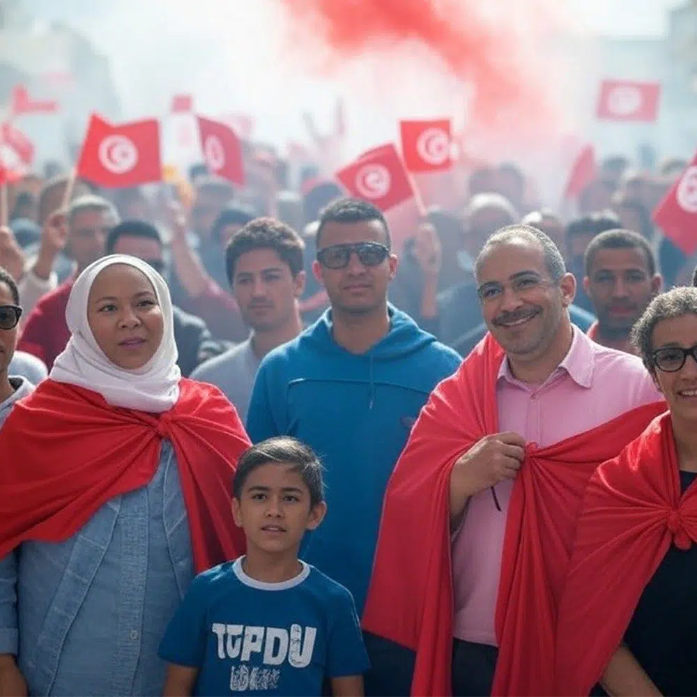 Cette image a pour but de faire la promotion de notre PACK Aigles de Carthage. Elle représente le peuple tunisien célébrant un événement avec les produits du pack (drapeau et fumigènes).