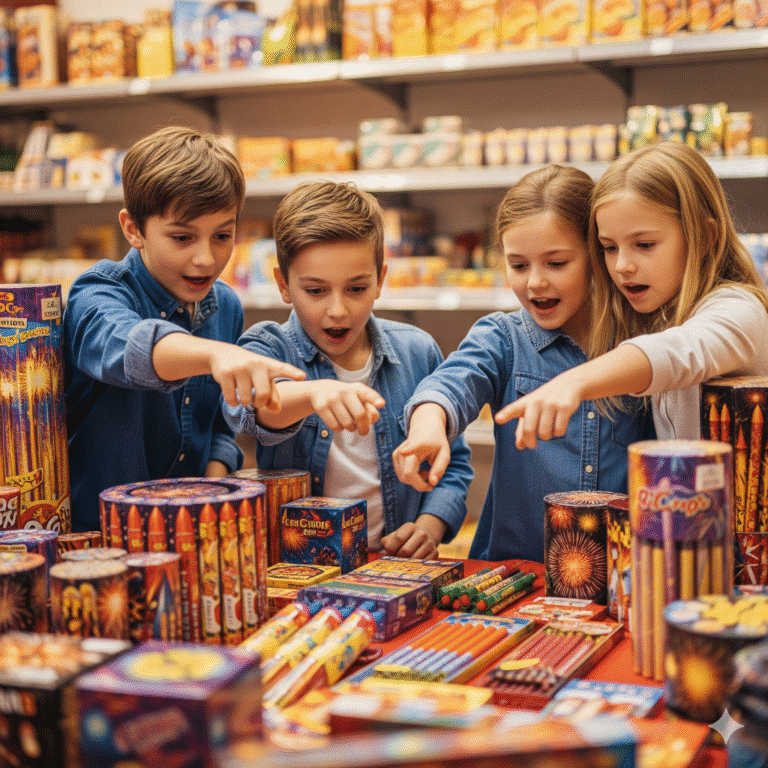 Enfants qui regardent des artifices à acheter en magain. Image pour illustrer l'article de blog QUELS ARTIFICES CHOISIR POUR MES ENFANTS ?