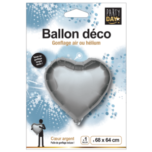 Ballon coeur gonflage air ou hélium argent