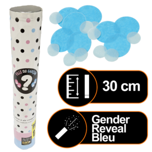 Canon à confettis 30 cm manuel Pyra Party Day Gender Reveal Baby Shower boy garçon bleu
