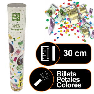 Canon à confettis 30 cm manuel Pyra Party Day JACKPOT billets et pétales colorés