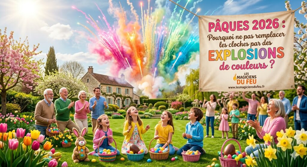 Image IA pour illustrer l'article de blog Pâques 2026 : Pourquoi ne pas remplacer les cloches par des explosions de couleurs ?